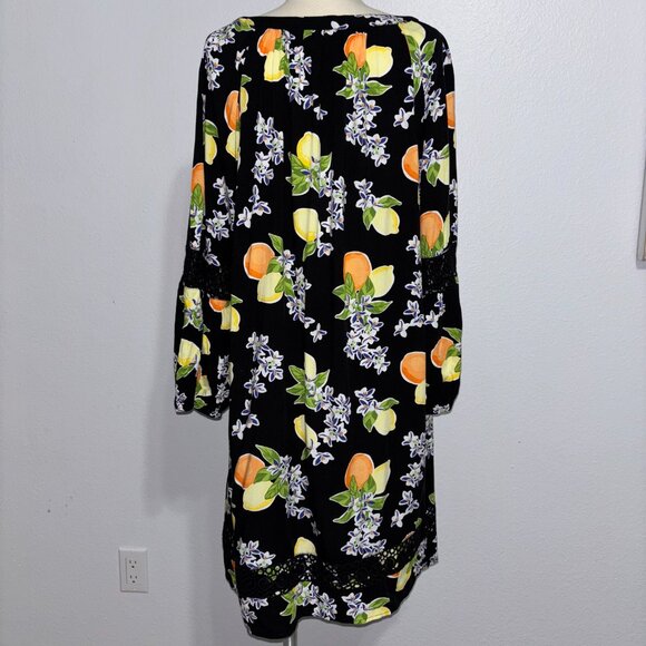 Crown‎ & Ivy XL Black Citrus Lemons Oranges Boho Dress Pom Trim Crochet Rayon - Picture 7 of 15